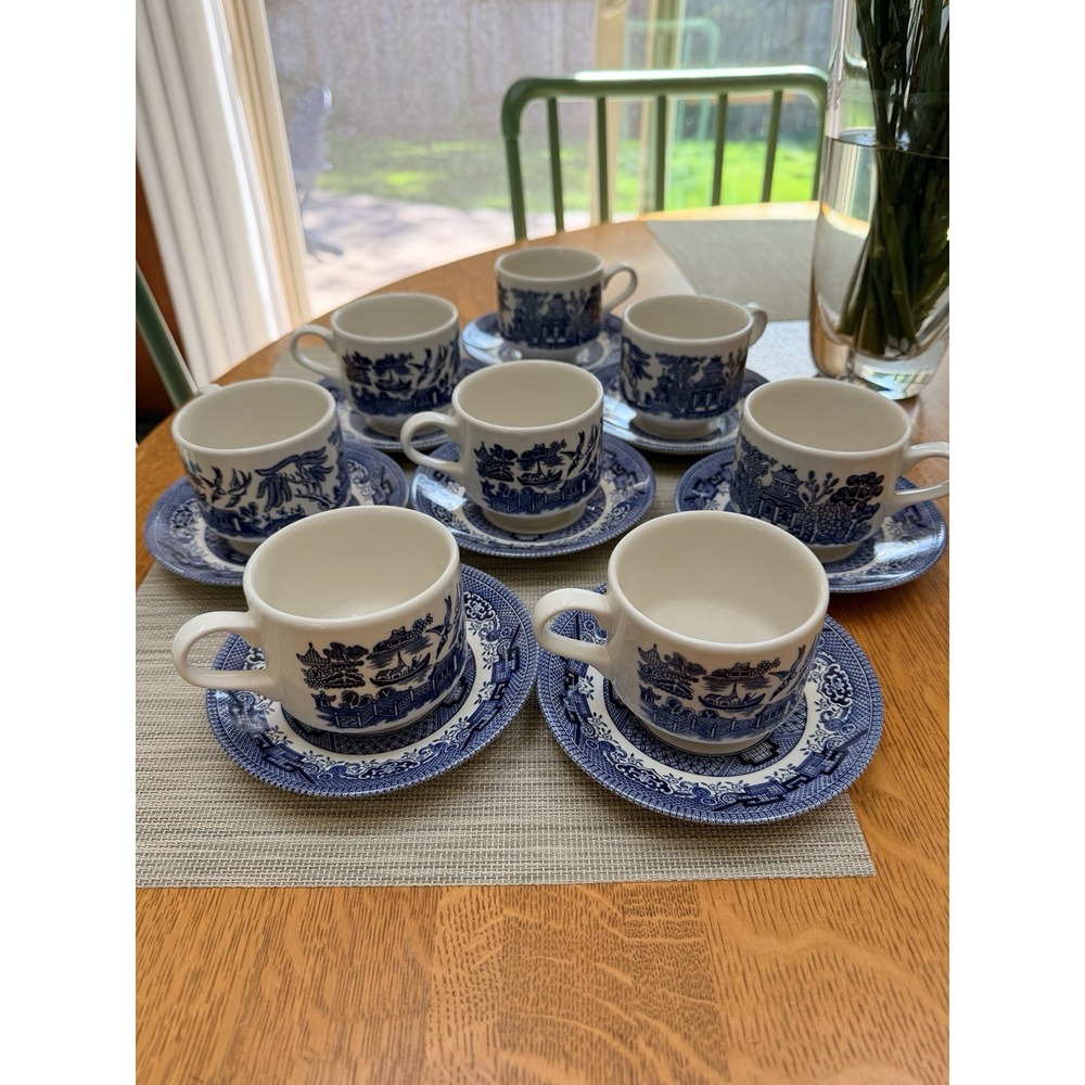 Set Of 8 Churchill Blue Willow Tea Cups & Saucers England MINT
